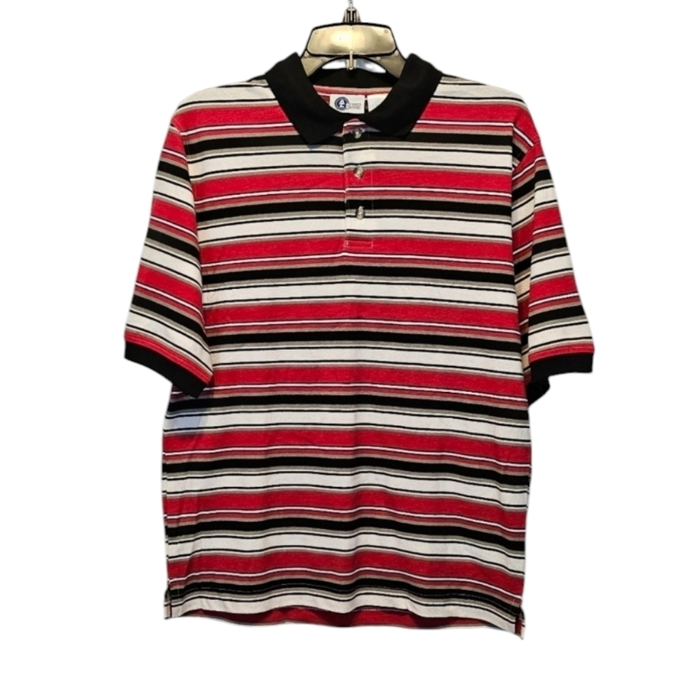 Arizona Jean Company Red Black White Stripped 100% Cotton Polo Shirt Sz L 14-16